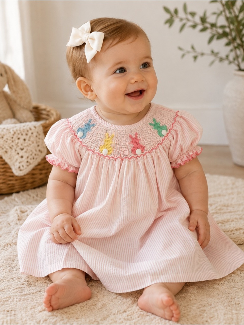 Petit Bébé Baby Girl 9M Pink Stripe Hand Smocked Bunny Dress NWOT Easter Cotton